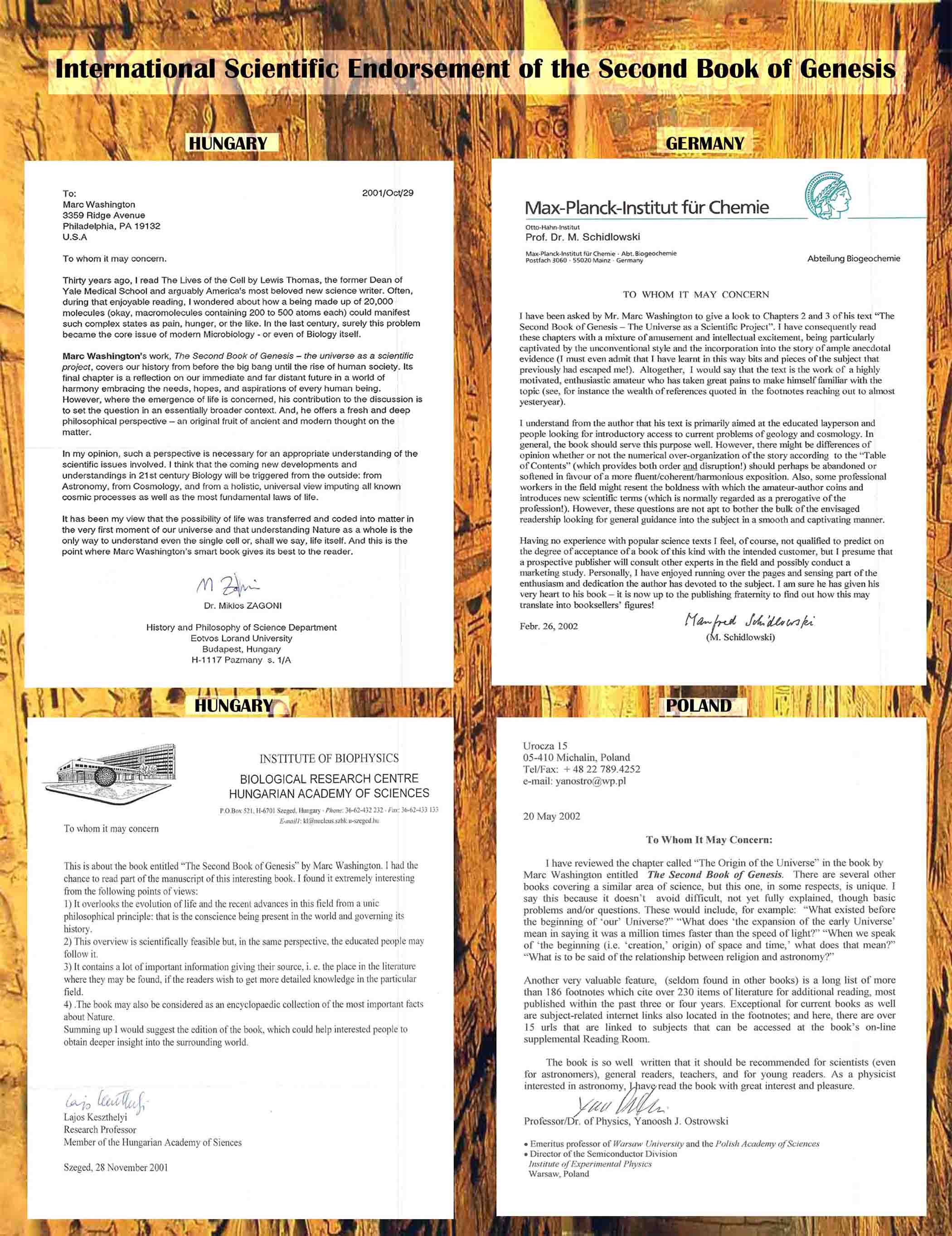 International endorsement of the Second Book of Genesis