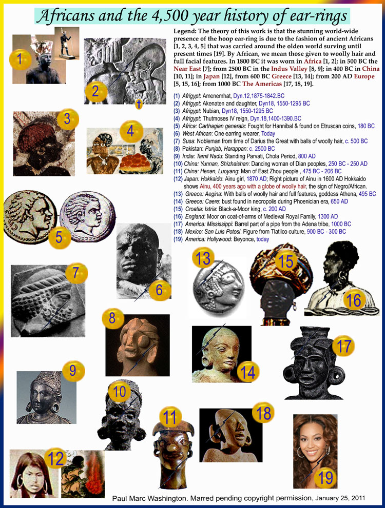 Africans and the 4,500 year history of ear-rings Legend: The theory of this work is that the stunning world-wide 
presence of the hoop ear-ring is due to the fashion of ancient Africans
[1, 2, 3, 4, 5] that was carried around the olden world surving until 
present times [19]. By African, we mean those given to woolly hair and 
full facial features. In 1800 BC it was worn in Africa [1, 2]; in 500 BC the
Near East [7]; from 2500 BC in the Indus Valley [8, 9]; in 400 BC in China 
[10, 11]; in Japan [12], from 600 BC Greece [13, 14]; from 200 AD Europe
[15, 16]; from 1000 BC The Americas [17, 18, 19].

1 Afrigypt: Amenemhat, Dyn.12,1875-1842.BC
2 Afrigypt: Akenaten and daughter, Dyn18, 1550-1295 BC
3 Afrigypt: Nubian, Dyn18, 1550-1295 BC
4 Afrigypt: Thutmoses IV reign, Dyn.18,1400-1390.BC
5 Africa: Carthagian generals: Fought for Hannibal & found on Etruscan coins, 180 BC
6 West African: One earring wearer, Today
7 Susa: Nobleman from time of Darius the Great, c. 500 BC
8 Pakistan: Punjab, Harappan: c. 2500 BC
9 India: Tamil Nadu: Standing Parvati, Chola Period, 800 AD
 10 China: Yunnan, Shizhaishan: Dancing woman of Dian peoples, 250 BC - 250 AD
 11 China: Henan, Luoyang: Man of East Zhou people , 475 BC - 206 BC
 12 Japan: Hokkaido: Ainu girl, 1870 AD; Right picture of Ainu in 1600 AD Hokkaido 
 shows Ainu, 400 years ago with a globe of woolly hair, the sign of Negro/African.
  13 Greece: Aegina: With balls of woolly hair and full features, goddess Athena, 495 BC
  14 Greece: Caere: bust found in necropolis during Phoenician era, 650 AD
  15 Croatia: Istria: Black-a-Moor king, c. 200 AD
  16 England: Moor on coat-of-arms of Medieval Royal Family, 1300 AD
  17 America: Mississippi: Barrel part of a pipe from the Adena tribe, 1000 BC
 18  Mexico: San Luis Potosi: Figure from Tlatilco culture, 900 BC - 300 BC
 19 America: Hollywood: Beyonce, today
  , art history, Paul Marc Washington, paleoneolithic@yahoo.com 