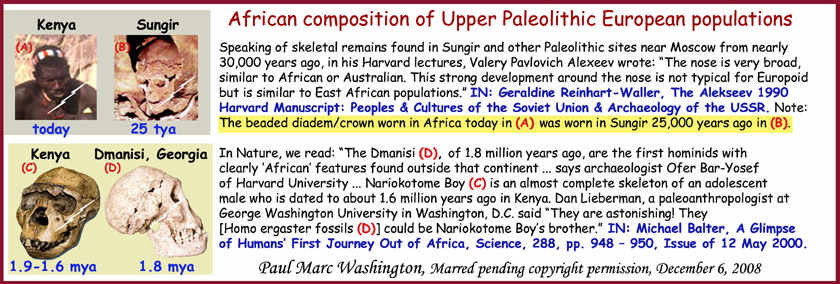 Speaking of skeletal remains found in Sungir and other Paleolithic sites near Moscow from 
nearly 30,000 years ago, in his Harvard lectures, Valery Pavlovich Alexeev wrote: �The nose is 
very broad, similar to African or Australian. This strong development around the nose is not 
typical for Europoid but is similar to East African populations.� IN: Geraldine Reinhart-Waller, The 
Alekseev 1990 Harvard Manuscript: Peoples & Cultures of the Soviet Union & Archaeology of the 
USSR. Note: The diadem worn in Africa today in (A) was worn in Sungir 25,000 years ago in (B). 

In Nature, we read: �The Dmanisi (D) of 1.8 million years ago] are the first hominids with 
clearly �African� features found outside that continent ... says archaeologist Ofer Bar-Yosef 
of Harvard University ... Nariokotome (C) Boy, an almost complete skeleton of an adolescent 
male who is dated to about 1.6 million years ago in Kenya. Dan Lieberman, a paleoanthropologist at 
George Washington University in Washington, D.C. said �They are astonishing! They 
[Homo ergaster fossils (D)] could be Nariokotome Boy�s brother.� IN: Michael Balter, A Glimpse
of Humans� First Journey Out of Africa, Science, 288, pp. 948 � 950, Issue of 12 May 2000.
  ..art, art history, Paul Marc Washington, paleoneolithic@yahoo.com 