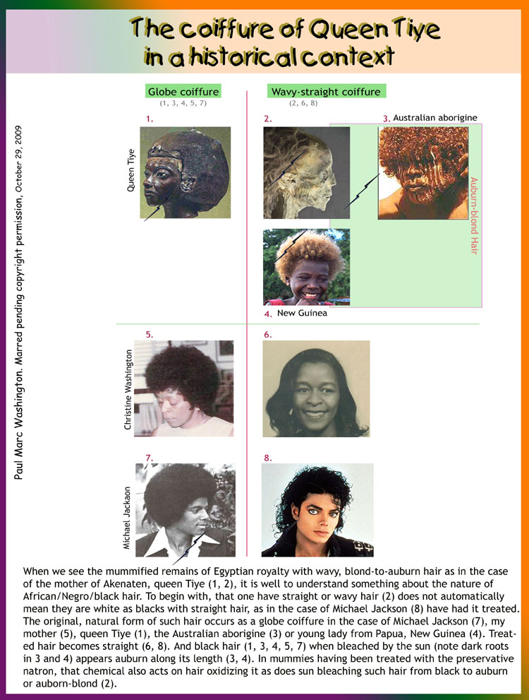 When we see the mummified remains of Egyptian royalty with wavy, auburn hair as in the case of the 
mother of Akenaten, queen Tiye (1, 2), it is well to understand something about the nature of 
African/Negro/black hair. To begin with, that one have straight or wavy hair (2) does not automatically 
mean they are white as blacks with straight hair, as in the case of Michael Jackson (6) have had it 
treated. The original, natural form is as such hair occurs as a globe coiffure in the case of Michael 
Jackson (5), queen Tiye (1), or the Australian aborigine (3) or young lady from Papua, New Guinea (4). 
And black hair (1, 5, 6) when bleached by the sun (note dark roots in 3 and 4) appears auburn along its 
length (3, 4). In mummies, having been treated with the preservative, natron, that chemical bleaches 
hair turning it also black to auburn (2)...art, art history, Paul Marc Washington, paleoneolithic@yahoo.com 