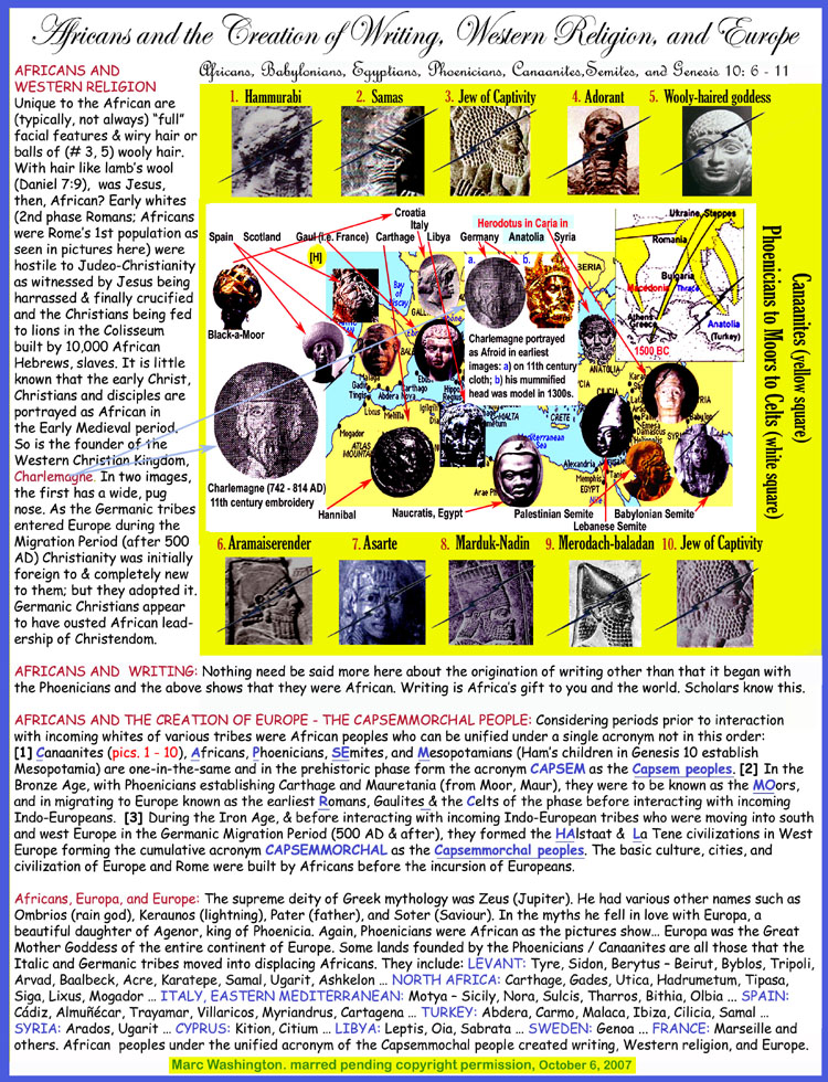 AFRICANS AND
WESTERN RELIGION
 Africans are those with 
some combination of full 
noses and lips with wooly to 
wiry hair. With hair like 
lamb’s wool (Daniel 7:9), 
Jesus was African, black. 
The early whites (i.e. 2nd 
phase Romans. Africans were
Rome’s first population: see
pictures here) were hostile 
to Judeo-Christianity as 
witnessed by Jesus being 
harrassed & finally crucified 
and the Christians being fed 
to lions in the Colisseum 
built by 10,000 black African 
Hebrews, slaves. Did you
know that the first Christ,
Christians and disciples are 
portrayed as African in 
the Early Medieval period. 
So is the founder of the 
Western Christian Kingdom,
Charlemagne. In two images,
the first has a wide, pug 
nose. As the Germanic tribes 
entered Europe during the
Migration Period (after 500 
AD), they adopted 
Christianity and evidently
ousted African leadership of
Christendom; but it was 
initially foreign to and 
completely new to them.

AFRICANS AND  WRITING: Nothing need be said more here about the origination of writing other than that it began with 
the Phoenicians and the above shows that they were African. Writing is Africa’s gift to you and the world. Scholars know this.

AFRICANS AND THE CREATION OF EUROPE. THE CAPSAMMOCHAL PEOPLE: Considering periods prior to interaction with 
incoming whites of various tribes were African peoples who can be unified under a single acronym: [1] Canaanites (pics. 1 - 10), 
Africans, Phoenicians, SEmites, and Mesopotamians (Ham’s children in Genesis 10 establish Mesopotamia) are one-in-the-same
and in the prehistoric phase form the acronym CAPSEM as the Capsem peoples. [2] With Phoenicians establishing Carthage and
North Africa, they were to be known as the MOors, and in the European phase as the Celts; forming, in the Bronze Age the 
cumulative acronym CAPSEMMOC as the Capsemmoc peoples.  [3] During the Iron Age, and before interacting with incoming 
Indo-European tribes who were moving into African homelands in the Germanic Migration Period (500 AD & after), they formed 
the HAlstaat &  La Tene civilizations in West Europe forming the cumulative acromyn CAPSEMMOCHAL as the Capsemmochal 
peoples. The newcomers usually came as destroyers, not builders. The splendor of Early Europe & Rome was created by Africans.

Africans, Europa, and Europe: The supreme deity of Greek mythology was Zeus (Jupiter). He had various other names such as
Ombrios (rain god), Keraunos (lightning), Pater (father), and Soter (Saviour). In the myths he fell in love with Europa, a 
beautiful daughter of Agenor, king of Phoenicia. Again, Phoenicians were African as the pictures show… Europa was the Great 
Mother Goddess of the entire continent of Europe. Some lands founded by the Phoenicians / Canaanites are all those that the 
Italic and Germanic tribes moved into displacing Africans. They include: LEVANT: Tyre, Sidon, Berytus – Beirut, Byblos, Tripoli,
Arvad, Baalbeck, Acre, Karatepe, Samal, Ugarit, Ashkelon … NORTH AFRICA: Carthage, Gades, Utica, Hadrumetum, Tipasa, 
Siga, Lixus, Mogador … ITALY, EASTERN MEDITERRANEAN: Motya – Sicily, Nora, Sulcis, Tharros, Bithia, Olbia ... SPAIN: 
Cádiz, Almuñécar, Trayamar, Villaricos, Myriandrus, Cartagena … TURKEY: Abdera, Carmo, Malaca, Ibiza, Cilicia, Samal … 
SYRIA: Arados, Ugarit … CYPRUS: Kition, Citium … LIBYA: Leptis, Oia, Sabrata … SWEDEN: Genoa ... FRANCE: Marseille and 
others. African  peoples under the unified acronym of the Capsemmochal people created writing, Western religion, and Europe.
 art, art history, Paul Marc Washington, paleoneolithic@yahoo.com 