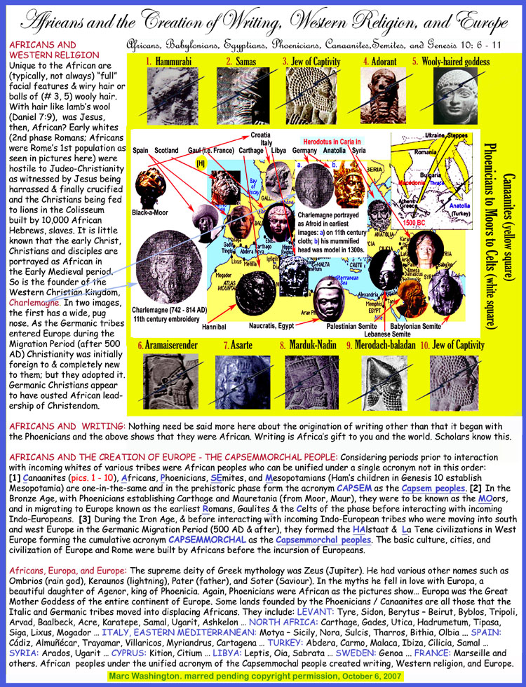 AFRICANS AND
WESTERN RELIGION
 Africans are those with 
some combination of full 
noses and lips with wooly to 
wiry hair. With hair like 
lambs wool (Daniel 7:9), 
Jesus was African, black. 
The early whites (i.e. 2nd 
phase Romans. Africans were
Romes first population: see
pictures here) were hostile 
to Judeo-Christianity as 
witnessed by Jesus being 
harrassed & finally crucified 
and the Christians being fed 
to lions in the Colisseum 
built by 10,000 black African 
Hebrews, slaves. Did you
know that the first Christ,
Christians and disciples are 
portrayed as African in 
the Early Medieval period. 
So is the founder of the 
Western Christian Kingdom,
Charlemagne. In two images,
the first has a wide, pug 
nose. As the Germanic tribes 
entered Europe during the
Migration Period (after 500 
AD), they adopted 
Christianity and evidently
ousted African leadership of
Christendom; but it was 
initially foreign to and 
completely new to them.

AFRICANS AND  WRITING: Nothing need be said more here about the origination of writing other than that it began with 
the Phoenicians and the above shows that they were African. Writing is Africas gift to you and the world. Scholars know this.

AFRICANS AND THE CREATION OF EUROPE. THE CAPSAMMOCHAL PEOPLE: Considering periods prior to interaction with 
incoming whites of various tribes were African peoples who can be unified under a single acronym: [1] Canaanites (pics. 1 - 10), 
Africans, Phoenicians, SEmites, and Mesopotamians (Hams children in Genesis 10 establish Mesopotamia) are one-in-the-same
and in the prehistoric phase form the acronym CAPSEM as the Capsem peoples. [2] With Phoenicians establishing Carthage and
North Africa, they were to be known as the MOors, and in the European phase as the Celts; forming, in the Bronze Age the 
cumulative acronym CAPSEMMOC as the Capsemmoc peoples.  [3] During the Iron Age, and before interacting with incoming 
Indo-European tribes who were moving into African homelands in the Germanic Migration Period (500 AD & after), they formed 
the HAlstaat &  La Tene civilizations in West Europe forming the cumulative acromyn CAPSEMMOCHAL as the Capsemmochal 
peoples. The newcomers usually came as destroyers, not builders. The splendor of Early Europe & Rome was created by Africans.

Africans, Europa, and Europe: The supreme deity of Greek mythology was Zeus (Jupiter). He had various other names such as
Ombrios (rain god), Keraunos (lightning), Pater (father), and Soter (Saviour). In the myths he fell in love with Europa, a 
beautiful daughter of Agenor, king of Phoenicia. Again, Phoenicians were African as the pictures show Europa was the Great 
Mother Goddess of the entire continent of Europe. Some lands founded by the Phoenicians / Canaanites are all those that the 
Italic and Germanic tribes moved into displacing Africans. They include: LEVANT: Tyre, Sidon, Berytus  Beirut, Byblos, Tripoli,
Arvad, Baalbeck, Acre, Karatepe, Samal, Ugarit, Ashkelon  NORTH AFRICA: Carthage, Gades, Utica, Hadrumetum, Tipasa, 
Siga, Lixus, Mogador  ITALY, EASTERN MEDITERRANEAN: Motya  Sicily, Nora, Sulcis, Tharros, Bithia, Olbia ... SPAIN: 
Cdiz, Almucar, Trayamar, Villaricos, Myriandrus, Cartagena  TURKEY: Abdera, Carmo, Malaca, Ibiza, Cilicia, Samal  
SYRIA: Arados, Ugarit  CYPRUS: Kition, Citium  LIBYA: Leptis, Oia, Sabrata  SWEDEN: Genoa ... FRANCE: Marseille and 
others. African  peoples under the unified acronym of the Capsemmochal people created writing, Western religion, and Europe.
 art, art history, Paul Marc Washington, paleoneolithic@yahoo.com 